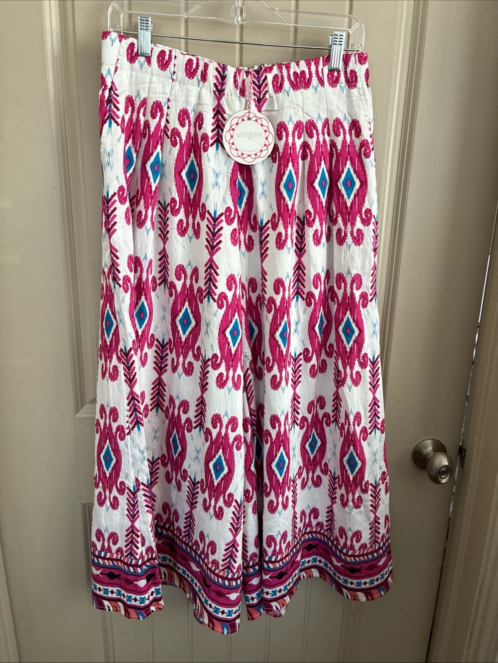 Umgee White Wide Leg Pants with Pink & Turquoise Ikat Print